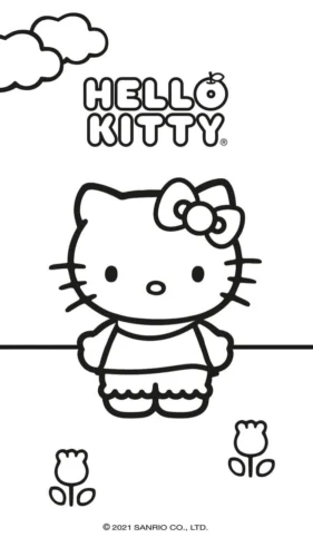 Hello Kitty đứng dưới chữ Hello Kitty