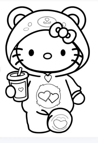 Hello Kitty mặc đồ gấu cầm ly nước