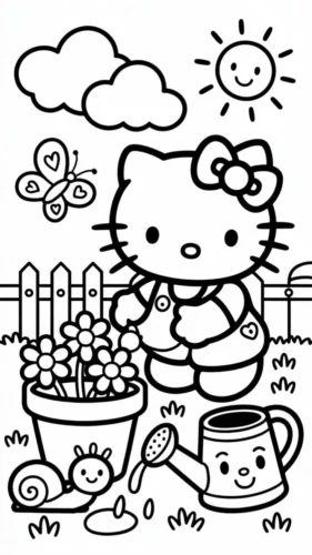 Hello Kitty tưới cây dưới ông mặt trời