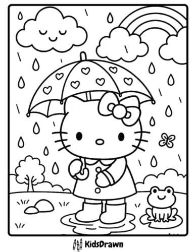 Hello Kitty cầm ô dưới mưa