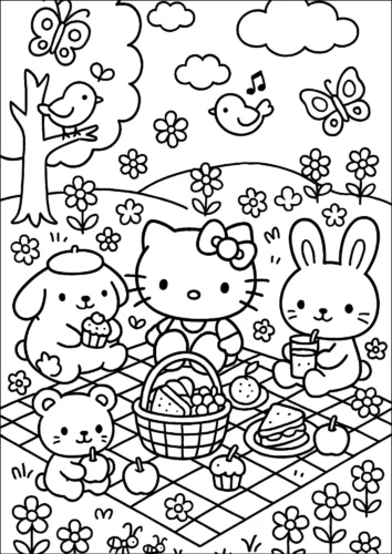 Hello Kitty picnic giữa vườn hoa và thỏ con