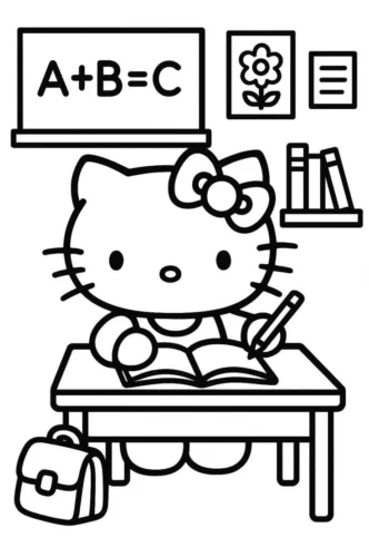 Hello Kitty học bài bên bảng A+B=C