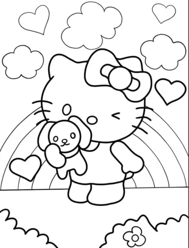 Hello Kitty ôm gấu dưới cầu vồng