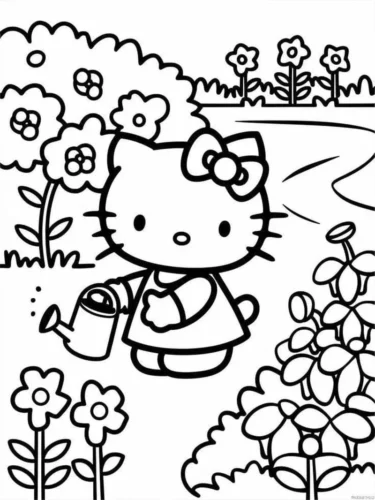 Tranh tô màu hello Kitty tưới hoa trong vườn