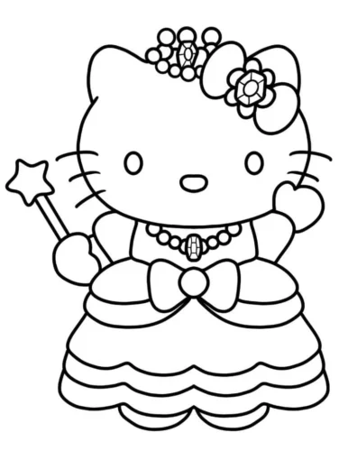 Tranh tô màu hello Kitty công chúa cầm đũa phép