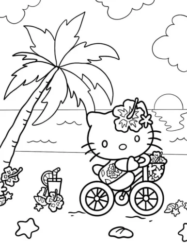 Mẫu tô màu hello Kitty đạp xe dưới cây dừa