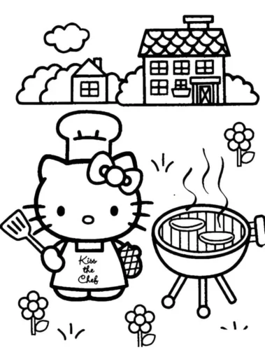 Tranh tô màu hello Kitty đầu bếp nướng thịt