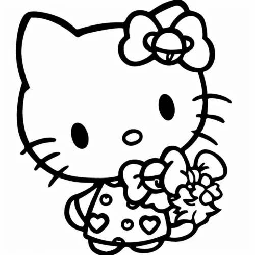 Hình tô màu hello Kitty cầm bó hoa, nét đậm