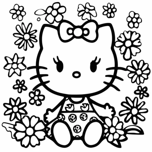 Mẫu tô màu hello Kitty ngồi giữa hoa