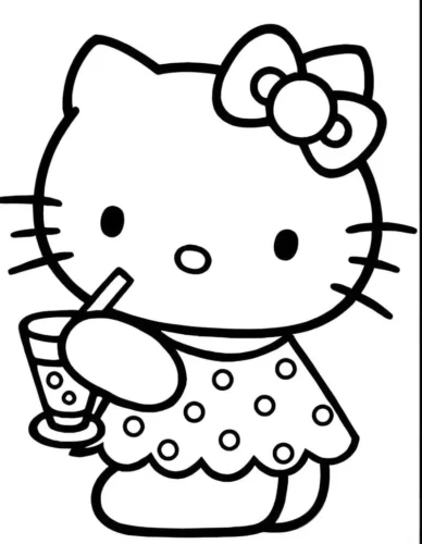 Hình tô màu hello Kitty uống nước trái cây