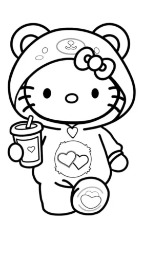 Hình tô màu hello Kitty mặc đồ gấu cầm ly nước