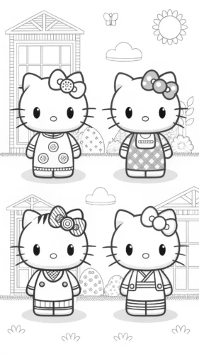 Mẫu tô màu bốn ô Hello Kitty trước dãy nhà
