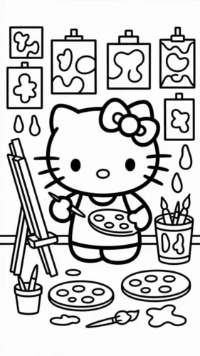 Tranh tô màu hello Kitty vẽ tranh giữa các bức hoạ