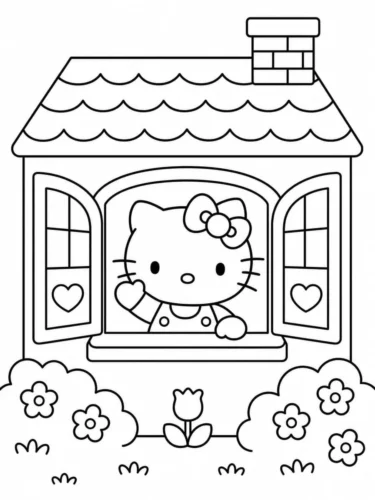 Hình tô màu hello Kitty nhìn qua cửa sổ ngôi nhà