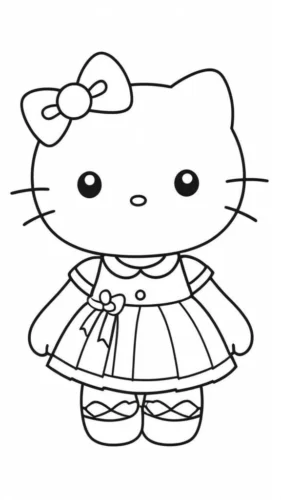 Mẫu tô màu hello Kitty mặc váy, nét mảnh