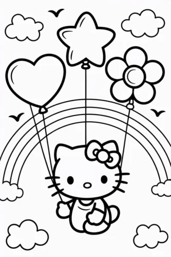 Tranh tô màu hello Kitty dưới cầu vồng cùng bóng bay