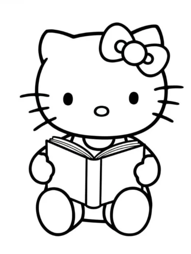 Mẫu tô màu hello Kitty ngồi đọc sách