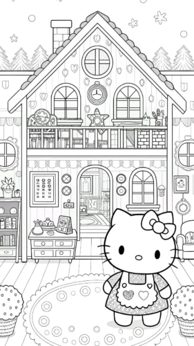 Tranh tô màu hello Kitty trước ngôi nhà cổ