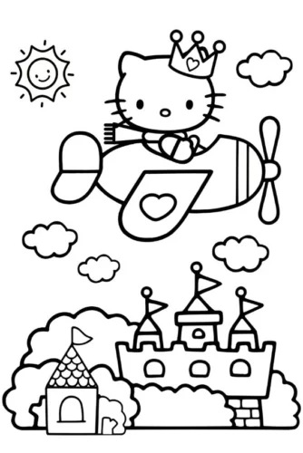 Hình tô màu hello Kitty lái máy bay trên lâu đài