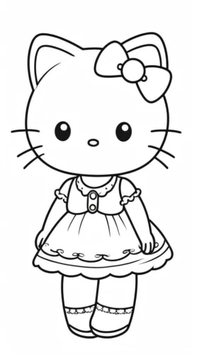 Mẫu tô màu hello Kitty mặc váy, nét đơn giản