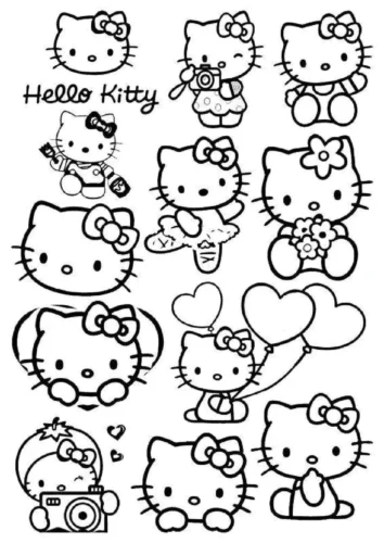 Tranh tô màu nhiều Hello Kitty nhỏ dưới chữ Hello Kitty