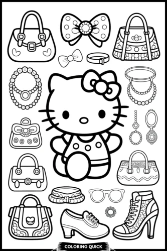 Hình tô màu hello Kitty giữa túi, nơ và giày dép