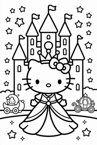 Mẫu tô màu hello Kitty công chúa trước lâu đài