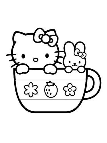 Tranh tô màu hello Kitty và thỏ trong tách trà