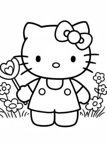 Hình tô màu hello Kitty cầm kẹo mút giữa hoa