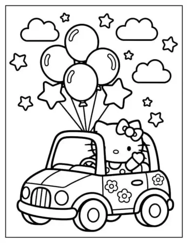 Mẫu tô màu hello Kitty lái ô tô chở bóng bay