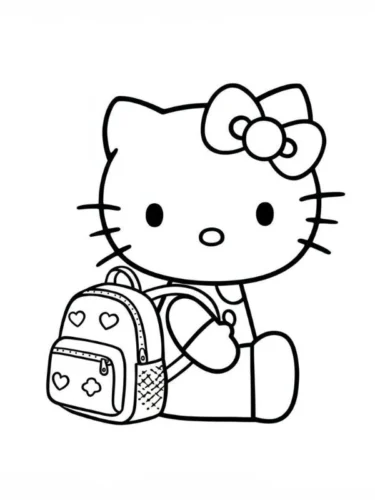 Tranh tô màu hello Kitty ngồi bên ba lô