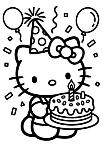 Hình tô màu hello Kitty đội mũ tiệc bên bánh sinh nhật