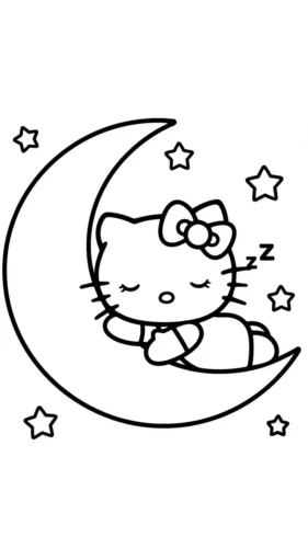 Mẫu tô màu hello Kitty ngủ trên vầng trăng
