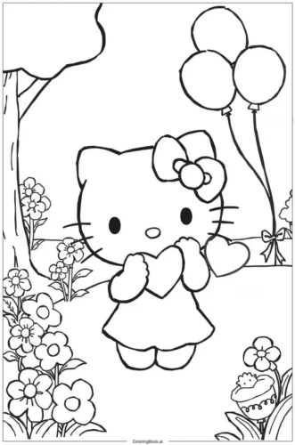 Tranh tô màu hello Kitty cầm bóng bay trong công viên
