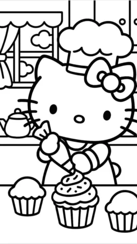 Tranh tô màu hello Kitty làm bánh cupcake