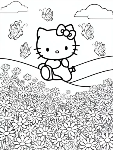 Mẫu tô màu hello Kitty giữa cánh đồng hoa cúc