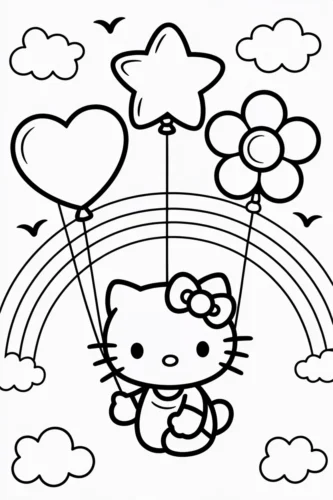 Tranh tô màu hello Kitty cầm bóng bay dưới cầu vồng