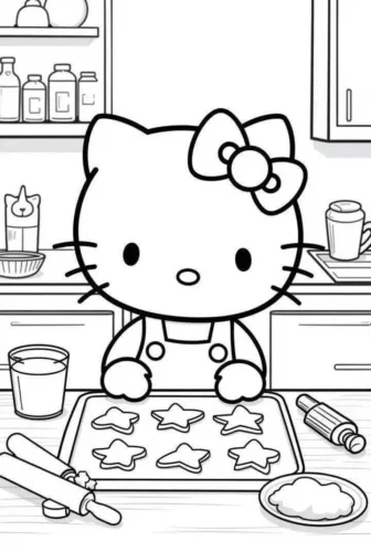 Hình tô màu hello Kitty làm bánh quy trong bếp