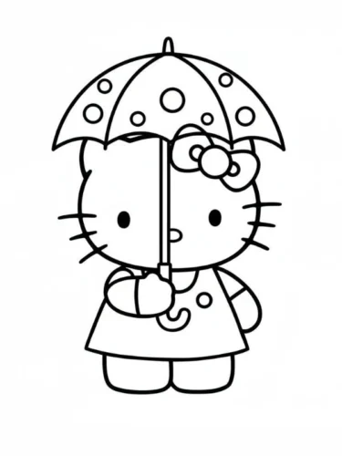 Mẫu tô màu hello Kitty cầm ô chấm bi