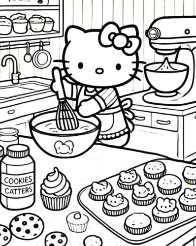 Tranh tô màu hello Kitty làm bánh trong bếp nhiều chi tiết