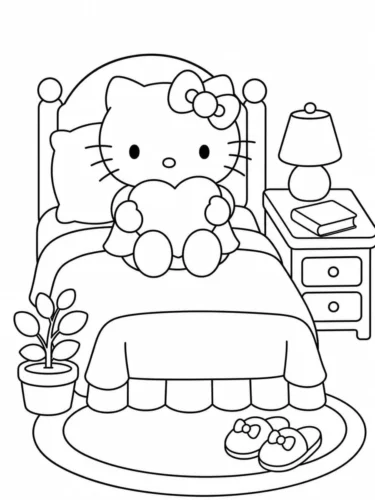 Hình tô màu hello Kitty ngồi trên giường