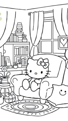 Mẫu tô màu hello Kitty ngồi trong phòng khách