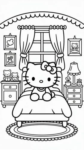 Tranh tô màu hello Kitty ngồi trong phòng ngủ