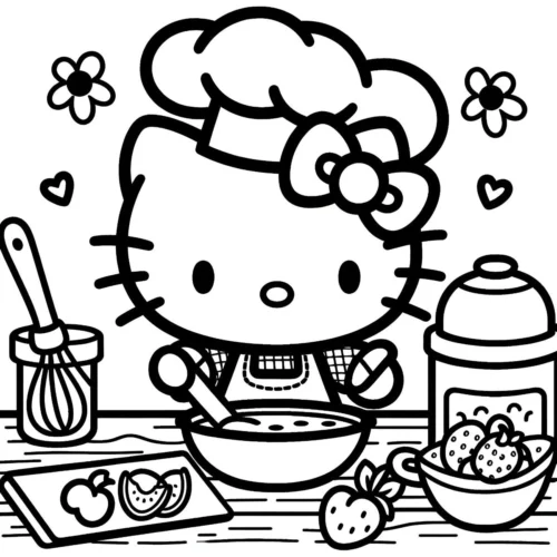 Hình tô màu hello Kitty đầu bếp làm bánh dâu
