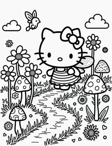 Mẫu tô màu hello Kitty trên con đường hoa