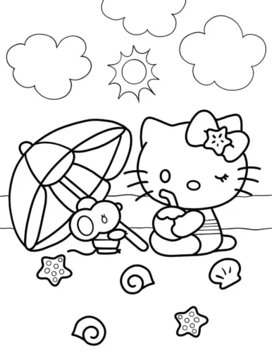 Tranh tô màu hello Kitty dưới ô trên bãi biển