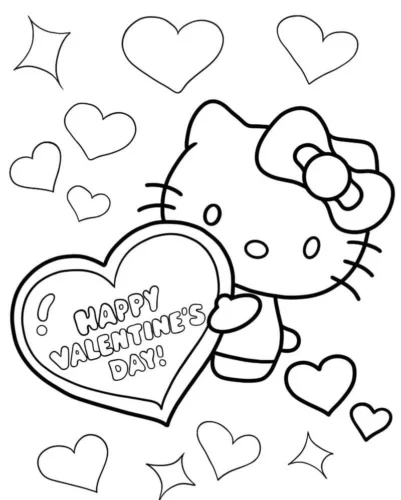 Hình tô màu hello Kitty cầm thiệp Valentine