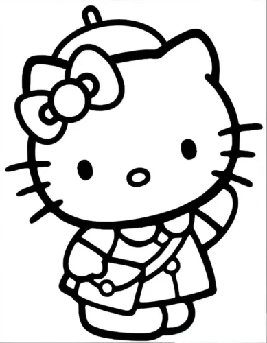 Mẫu tô màu hello Kitty đội mũ nồi đeo túi