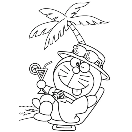 Mẫu tô màu doraemon nằm ghế dưới cây dừa