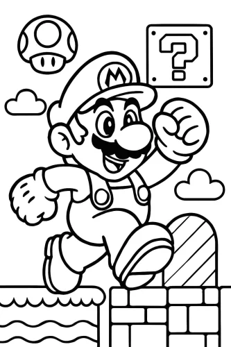 Hình tô màu mario nhảy lên khối gạch có dấu chấm hỏi